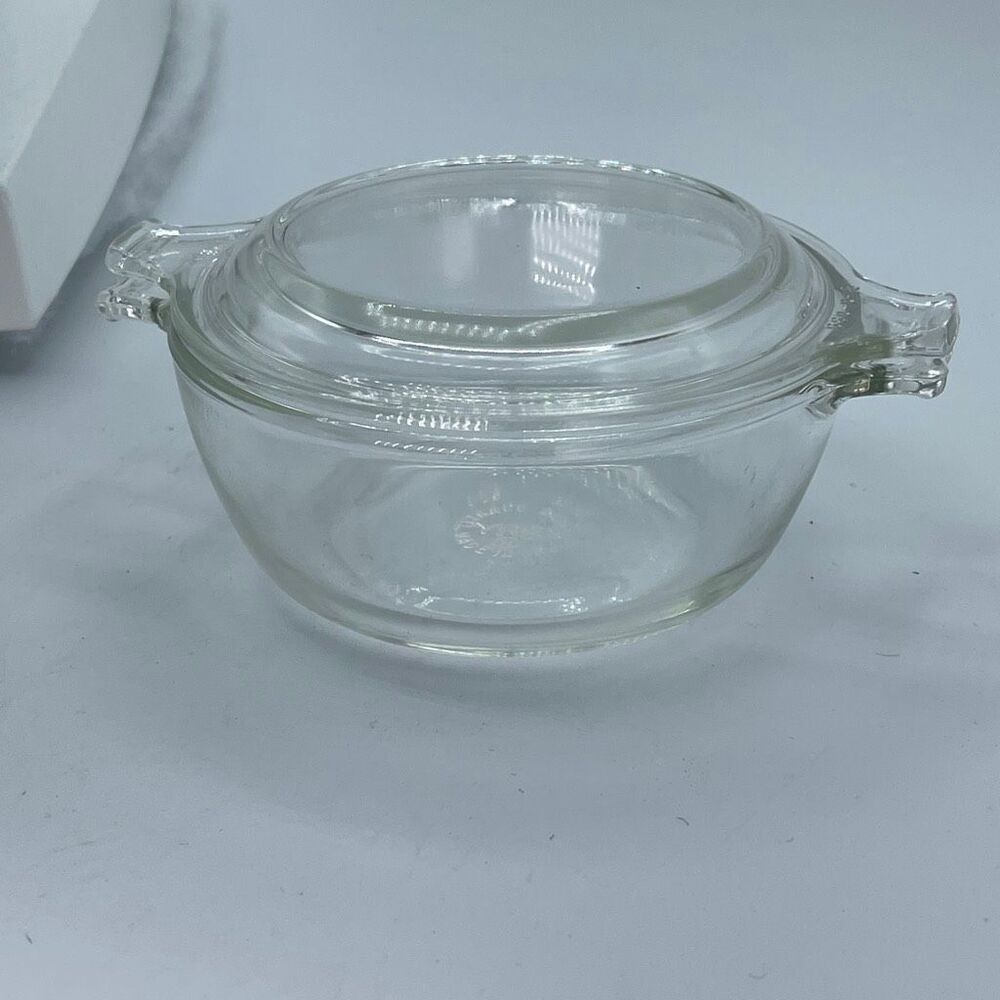 Vintage Pyrex #018 clear glass mini 10oz casserole dish. Two pieces